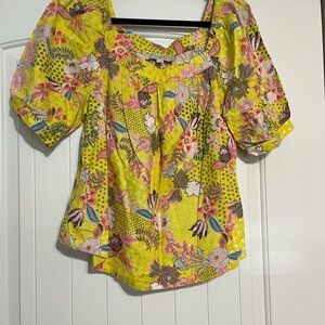 LOFT Yellow Puff Sleeve Blouse with Pink Floral Design